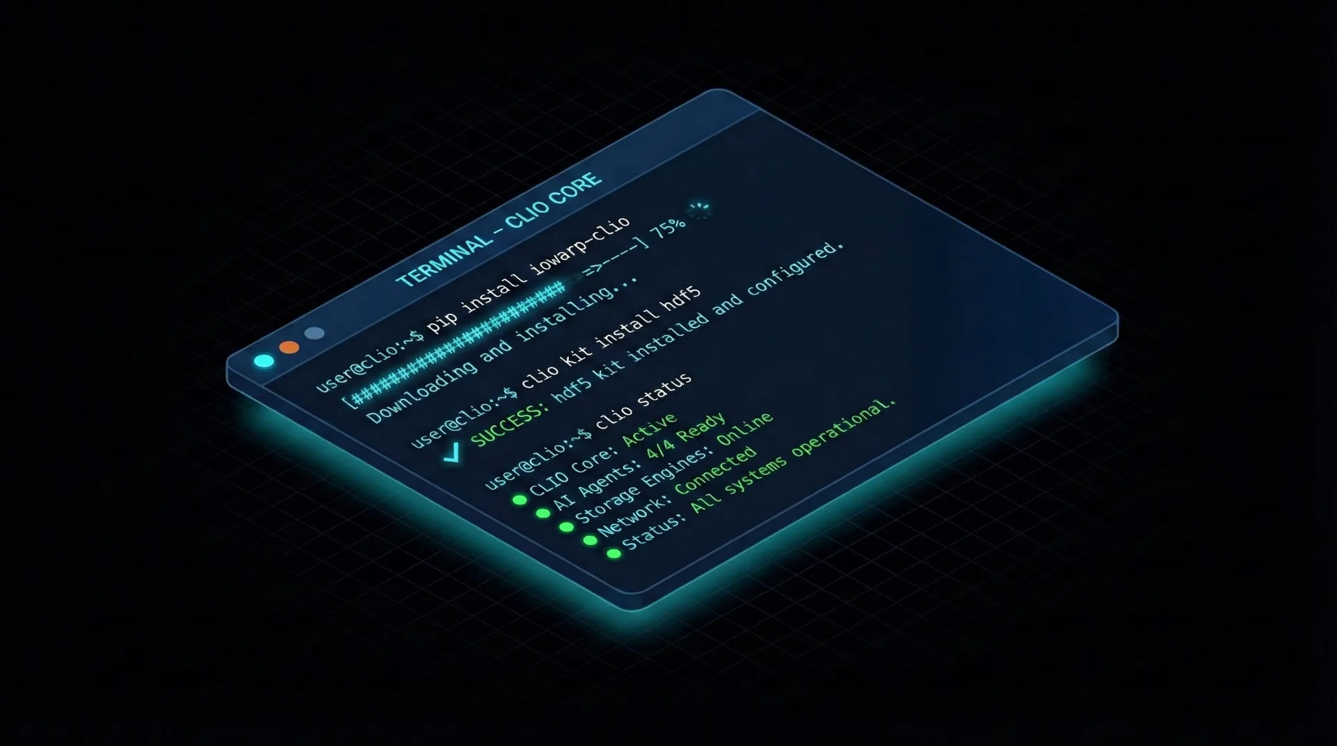 Isometric terminal showing CLIO installation: pip install, kit install, and status commands